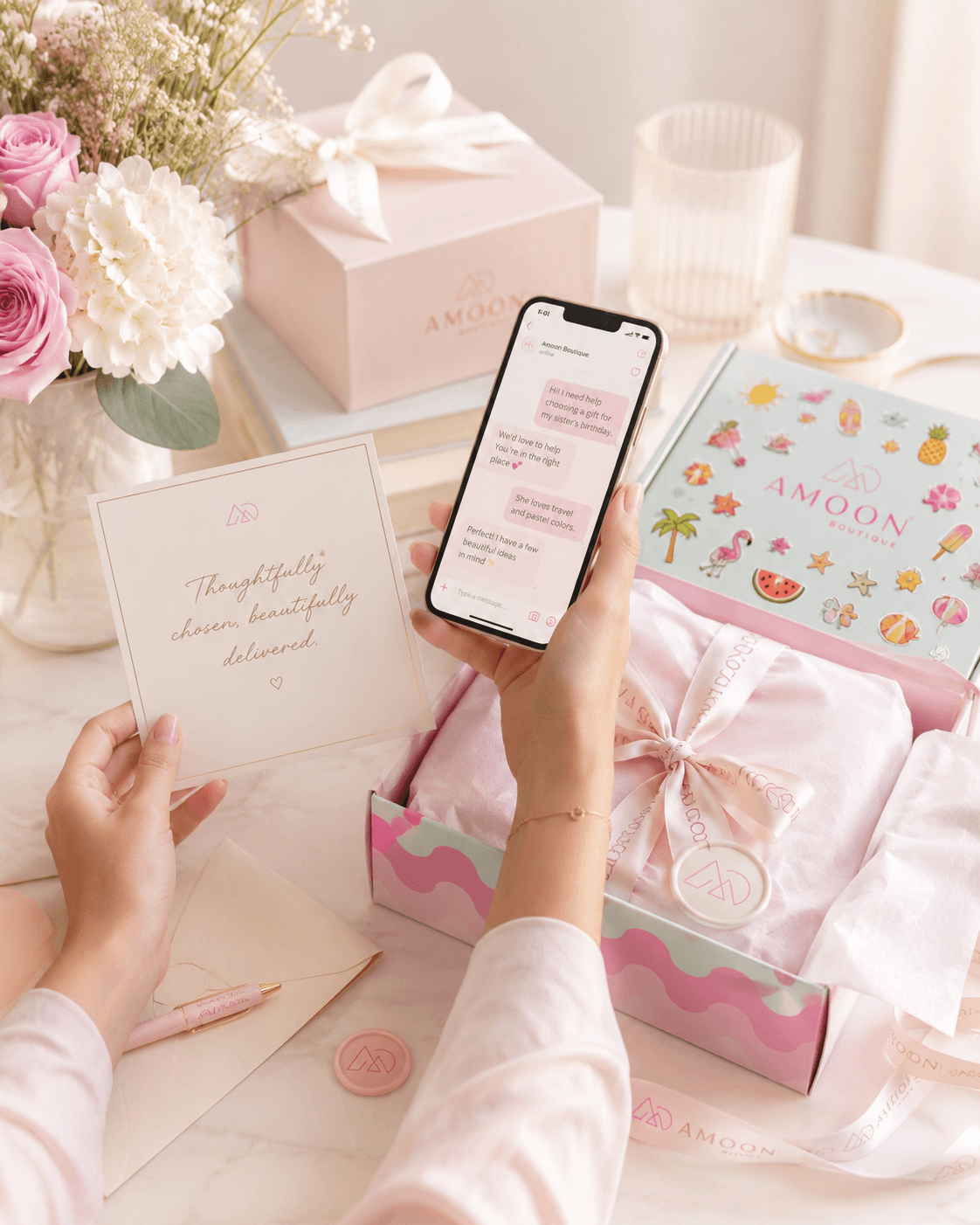 Boutique stationery, flowers, and gift wrapping on a table